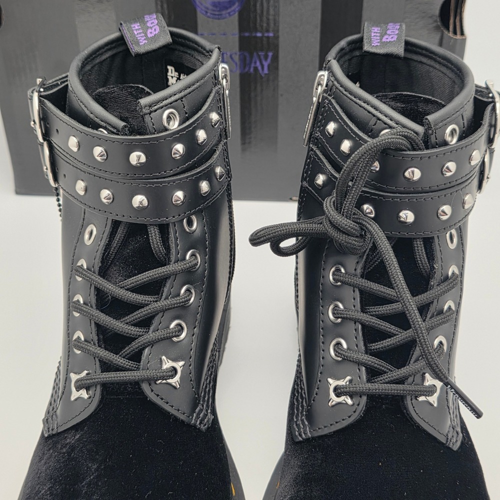 Dr. Martens 1460 Wednesday Addams Boots Womens 7 Mens 6 Black Velvet Buckle Stud - Picture 4 of 16